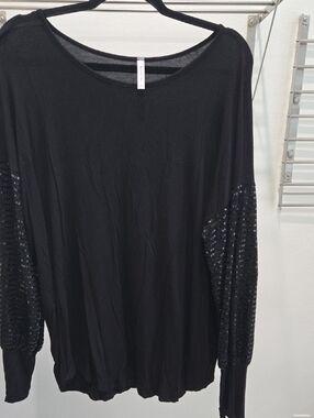 Black Sequin-Sleeve Long Sleeve Top - Women